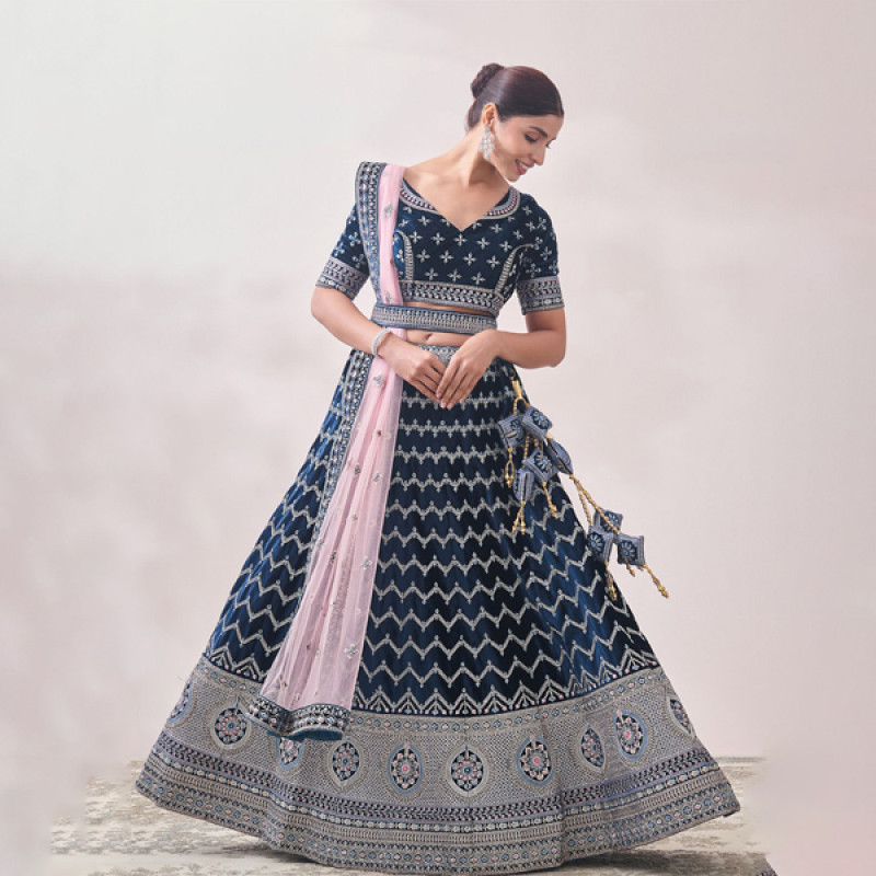 Teal Blue Embroidered Bridal Lehenga
